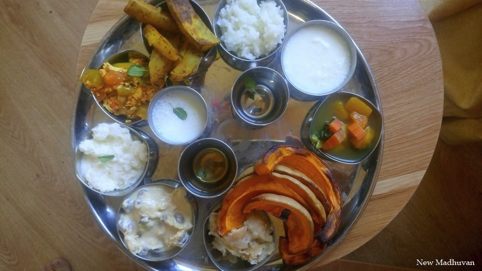 A prasādam thāli — food first offered to Krishna