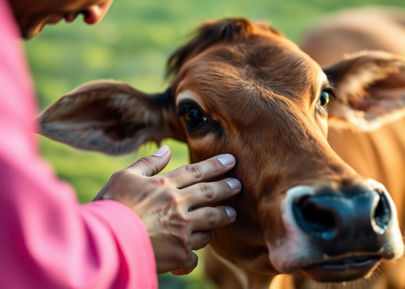 Devotee caring for a protected cow at the goshala