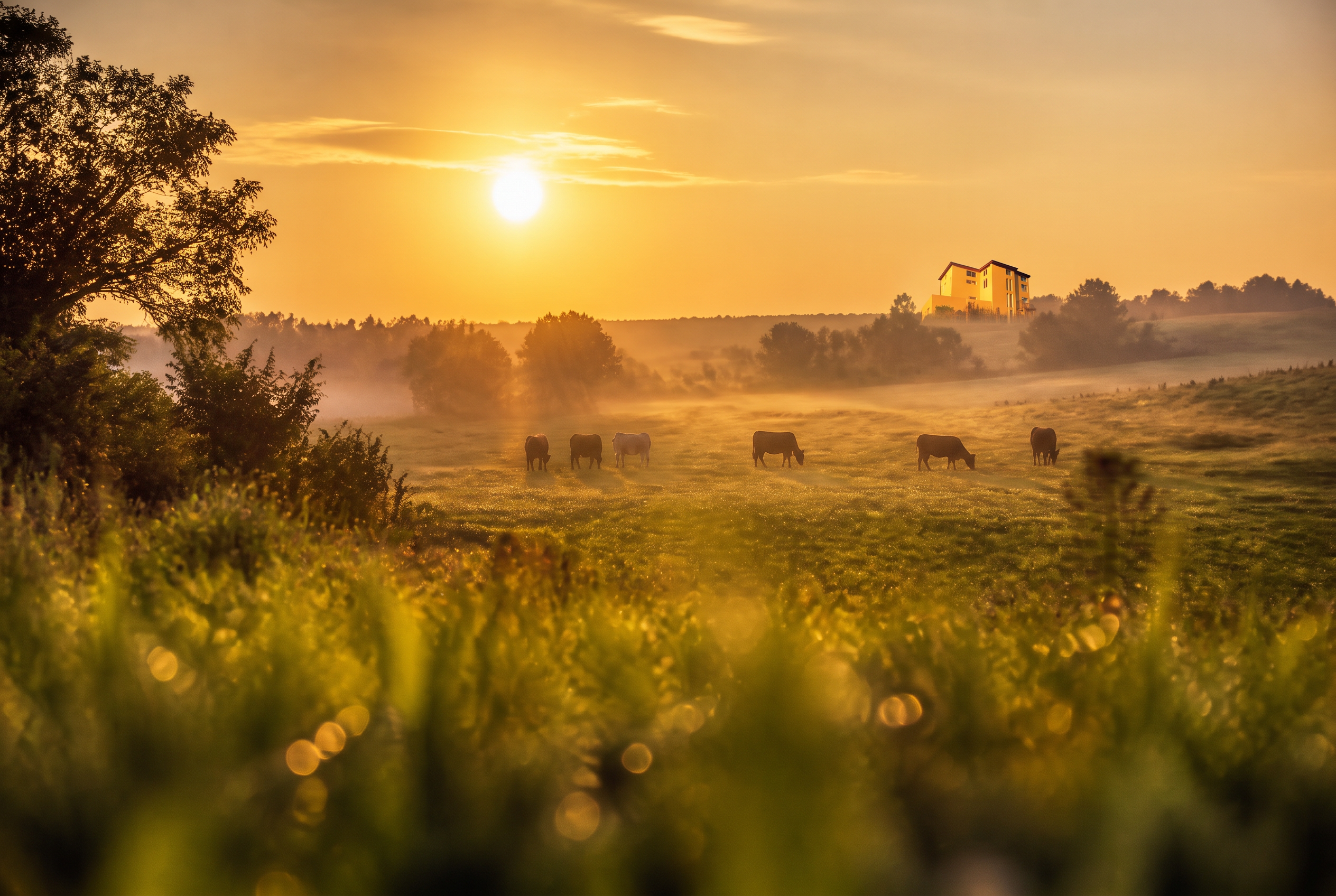 Sunrise over New Madhuvan farm in Aheloy, Bulgaria